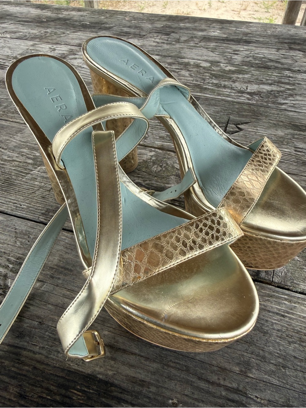 AERA leather platform/straps gold Platform Sandals - Women's Metallic Block Heel